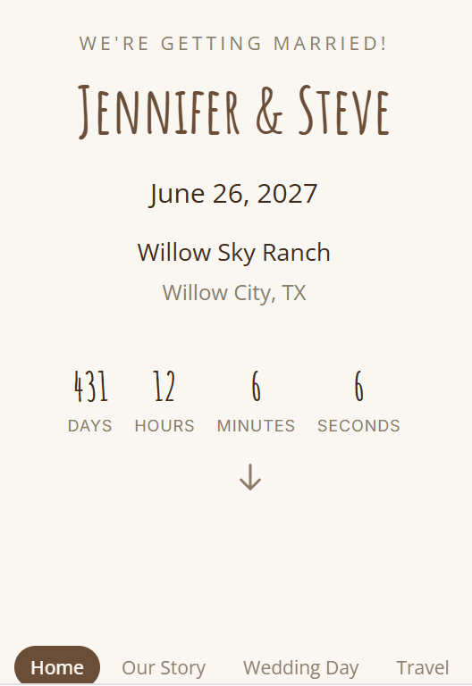 Sample of a Willow Sky Ranch couple's private wedding website with integrated RSVP tracking system — free with every booking at this Hill Country venue near Fredericksburg, Texas